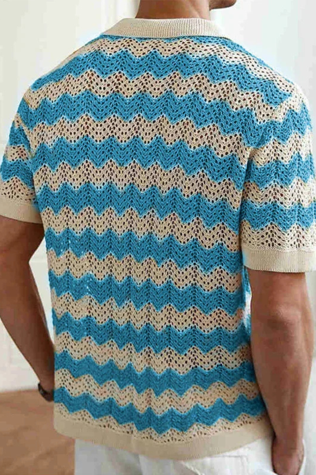 Men's Zigzag Crochet Knit Polo Shirt | Short Sleeve Button Front Design