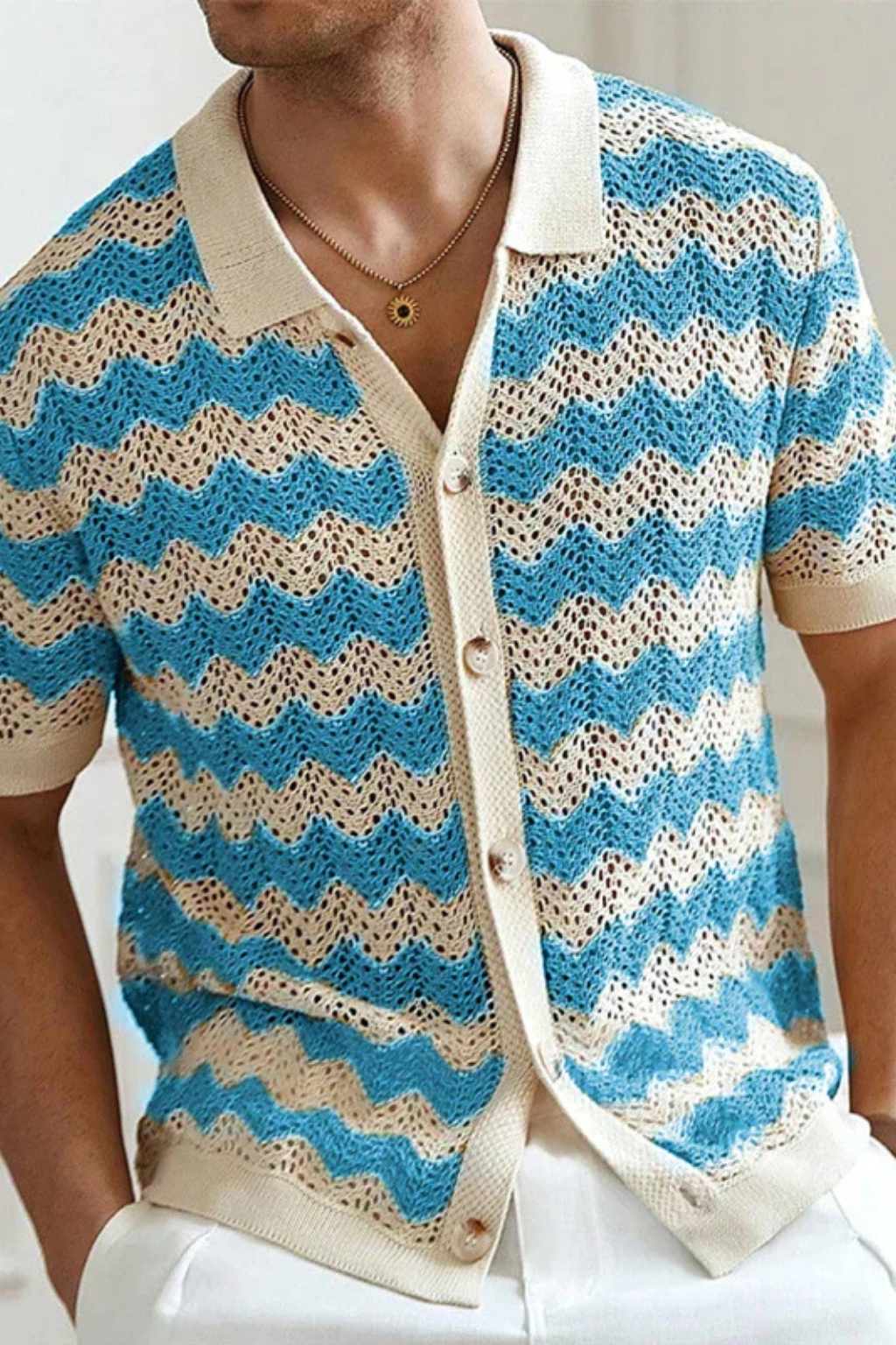 Men's Zigzag Crochet Knit Polo Shirt | Short Sleeve Button Front Design