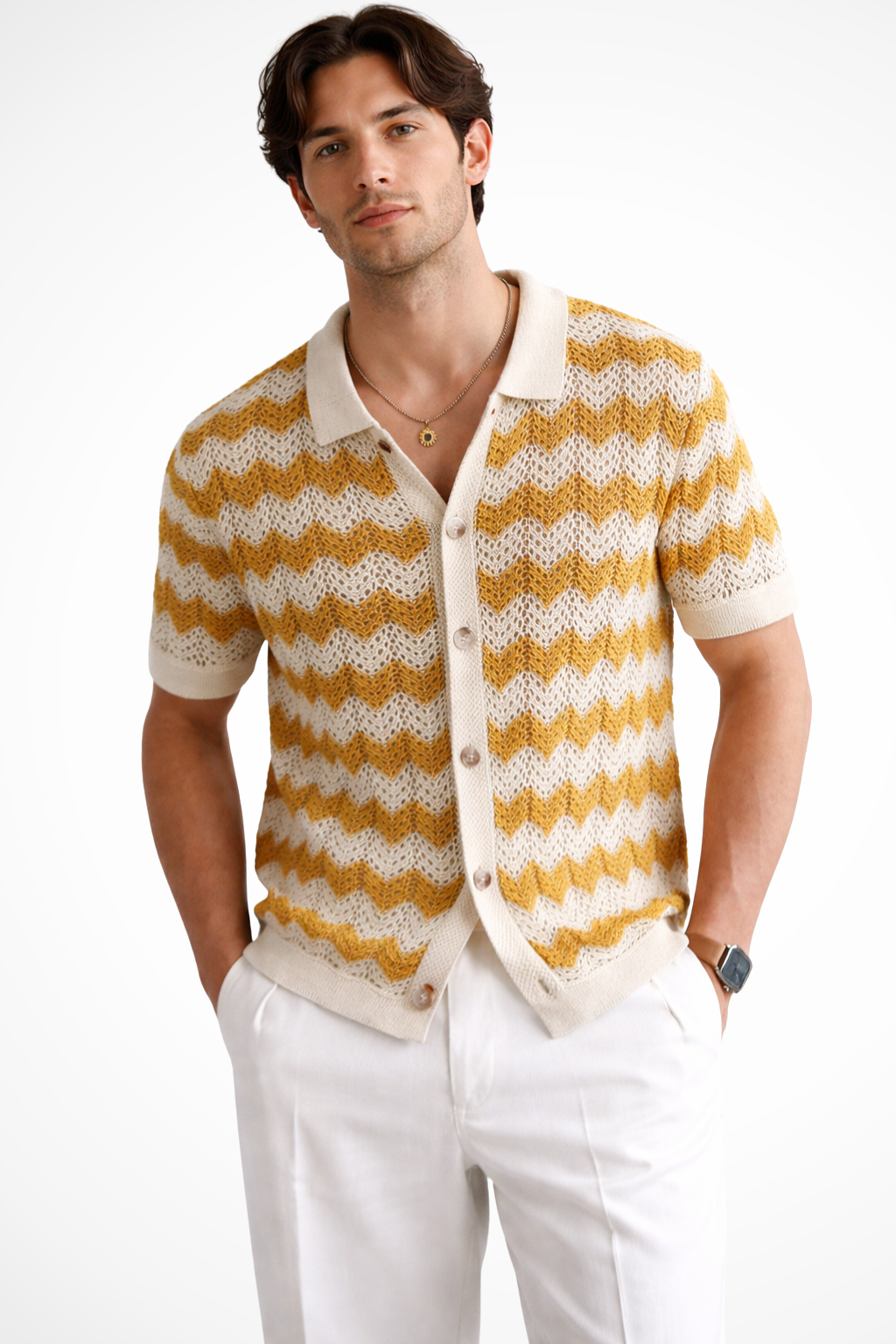 Men's Zigzag Crochet Knit Polo Shirt | Short Sleeve Button Front Design