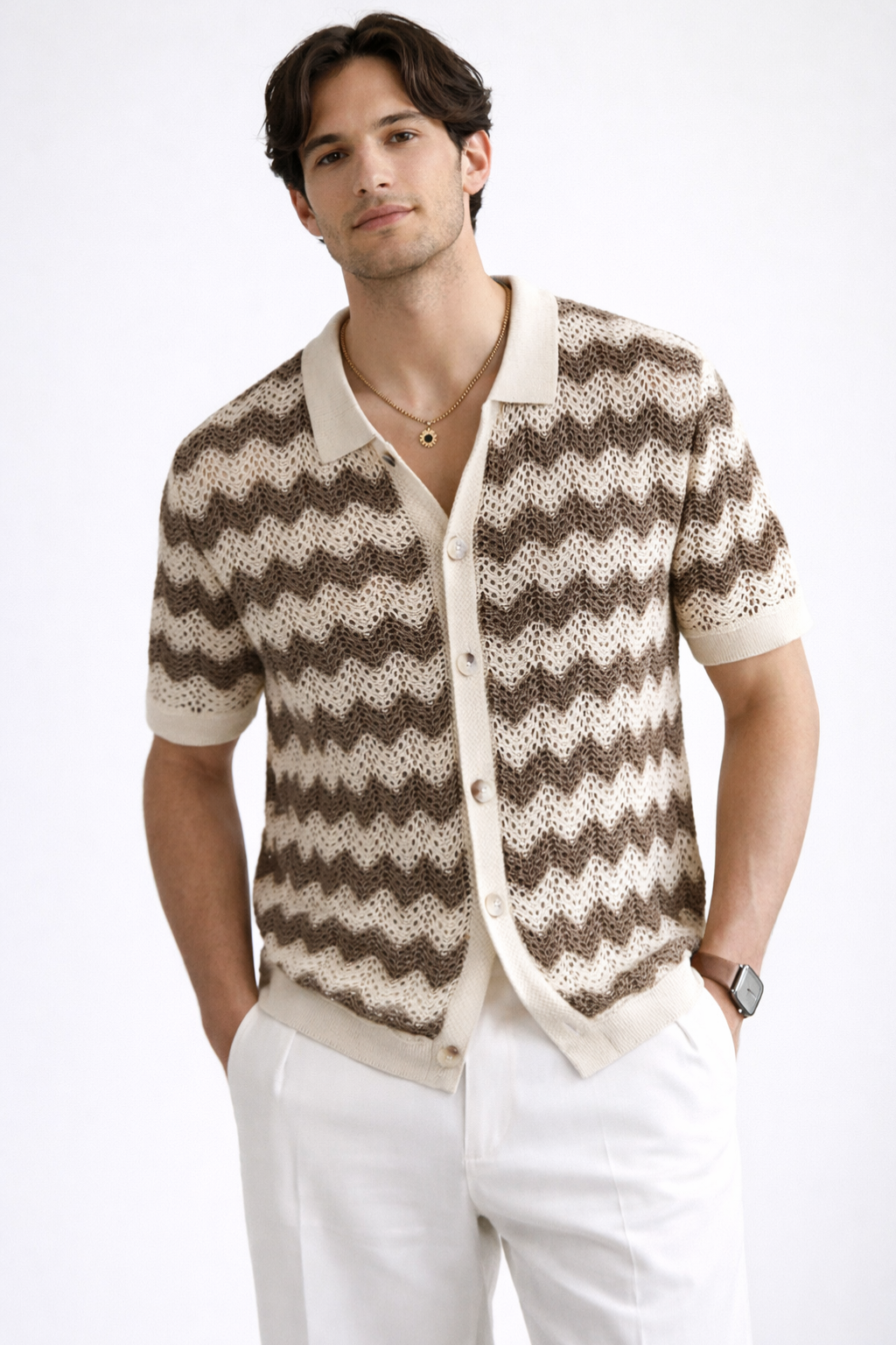 Men's Zigzag Crochet Knit Polo Shirt | Short Sleeve Button Front Design