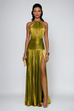Metallic Halter Neck Pleated Maxi Dress for Evening Events and Formal Occasions