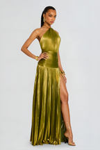 Metallic Halter Neck Pleated Maxi Dress for Evening Events and Formal Occasions