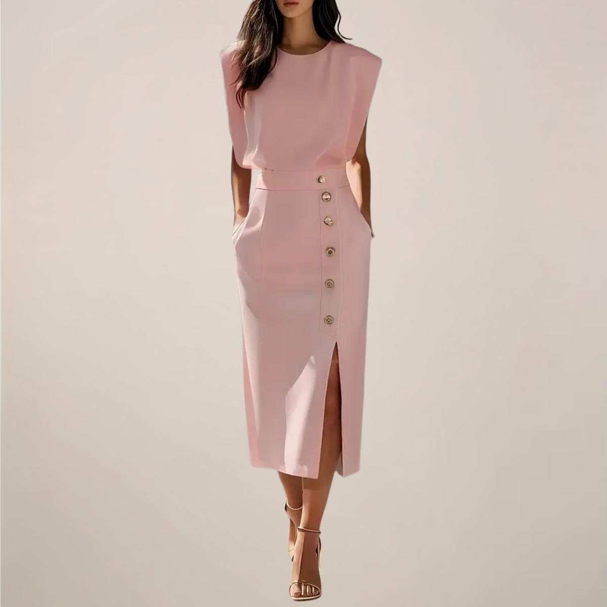 Midi Dress with Button Detail and Side Slit - Elegant Women's Casual Dress for Parties and Events