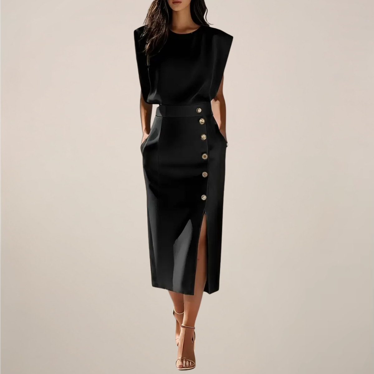 Midi Dress with Button Detail and Side Slit - Elegant Women's Casual Dress for Parties and Events