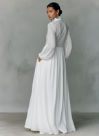 Minimalist Cotton Linen Maxi Dress with Stand-up Collar for Women