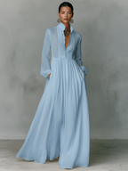 Minimalist Cotton Linen Maxi Dress with Stand-up Collar for Women