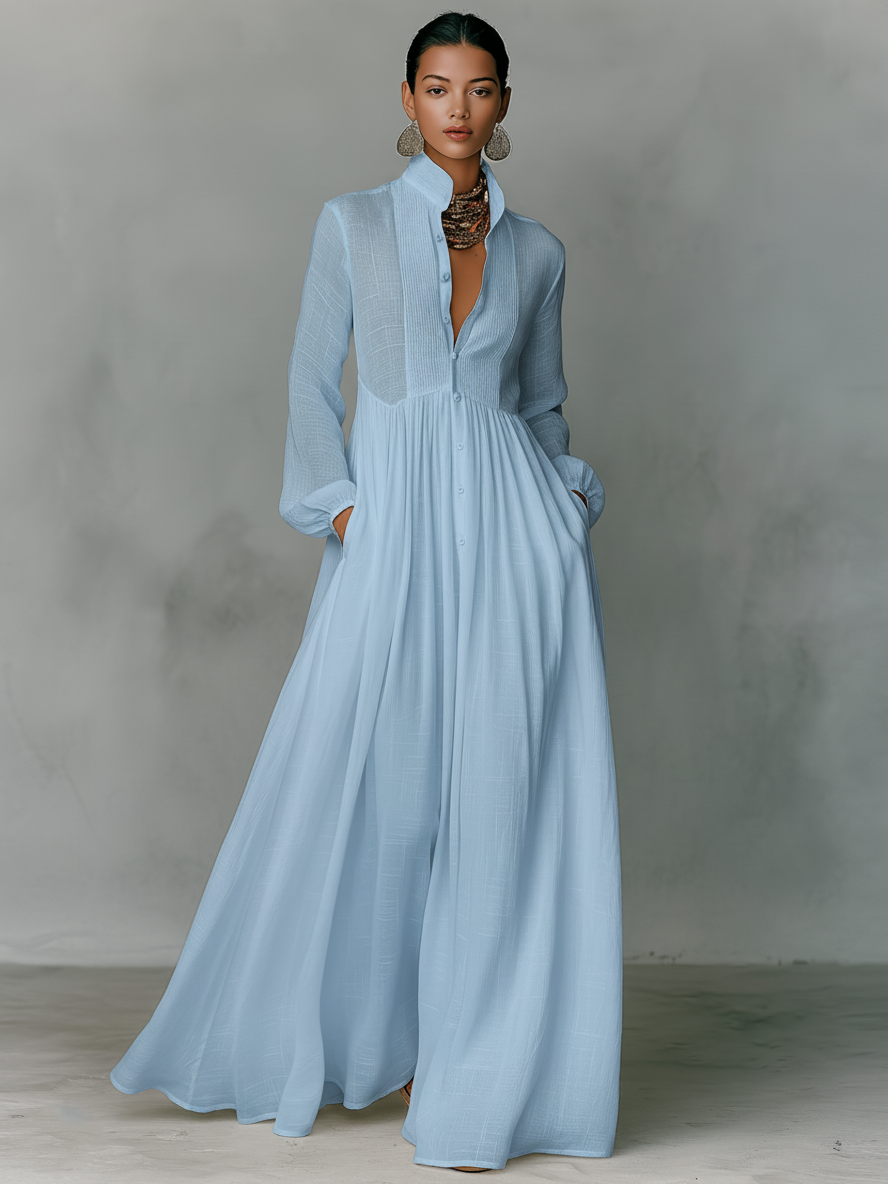 Minimalist Cotton Linen Maxi Dress with Stand-up Collar for Women