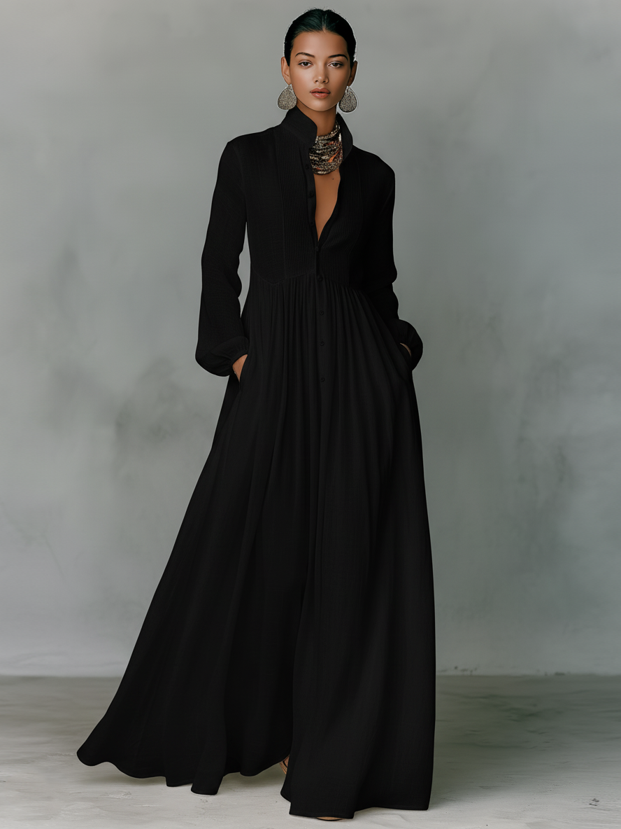 Minimalist Cotton Linen Maxi Dress with Stand-up Collar for Women