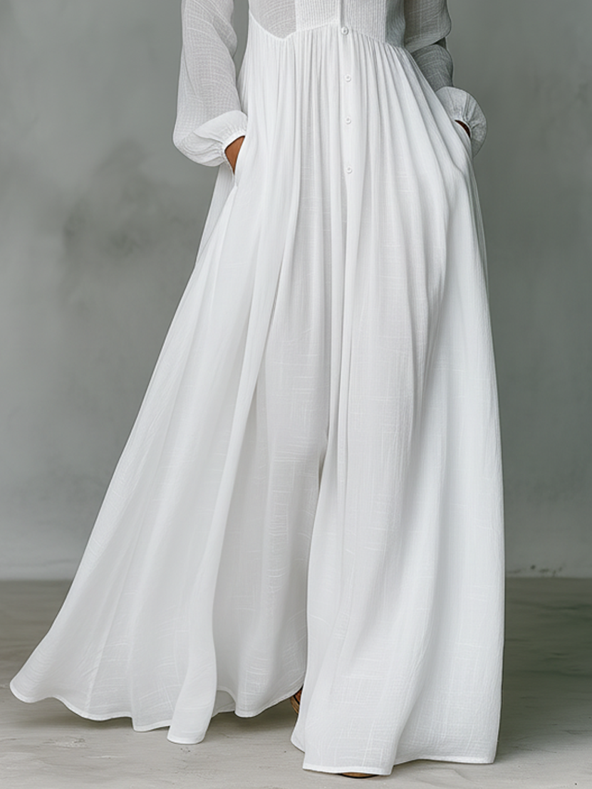 Minimalist Cotton Linen Maxi Dress with Stand-up Collar for Women