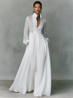 Minimalist Cotton Linen Maxi Dress with Stand-up Collar for Women
