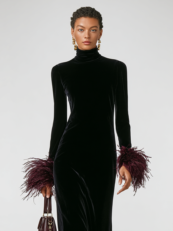 Minimalist Velvet Maxi Dress with Faux Ostrich Feather Cuffs and Hem