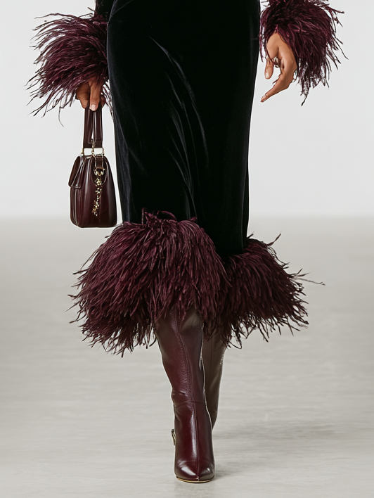 Minimalist Velvet Maxi Dress with Faux Ostrich Feather Cuffs and Hem