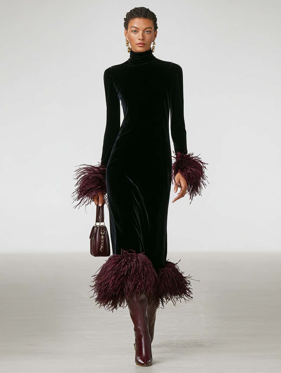 Minimalist Velvet Maxi Dress with Faux Ostrich Feather Cuffs and Hem