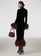 Minimalist Velvet Maxi Dress with Faux Ostrich Feather Cuffs and Hem