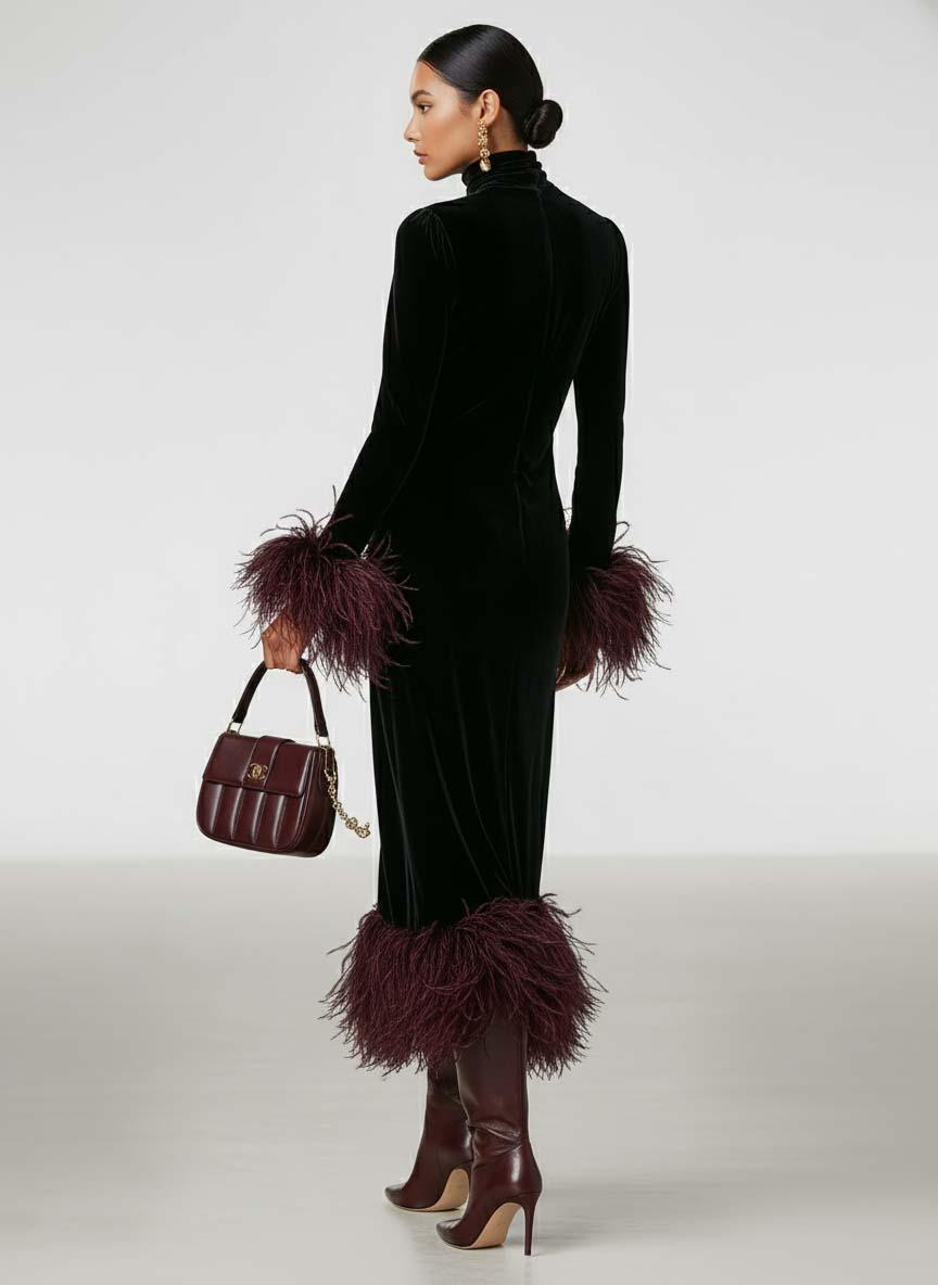 Minimalist Velvet Maxi Dress with Faux Ostrich Feather Cuffs and Hem
