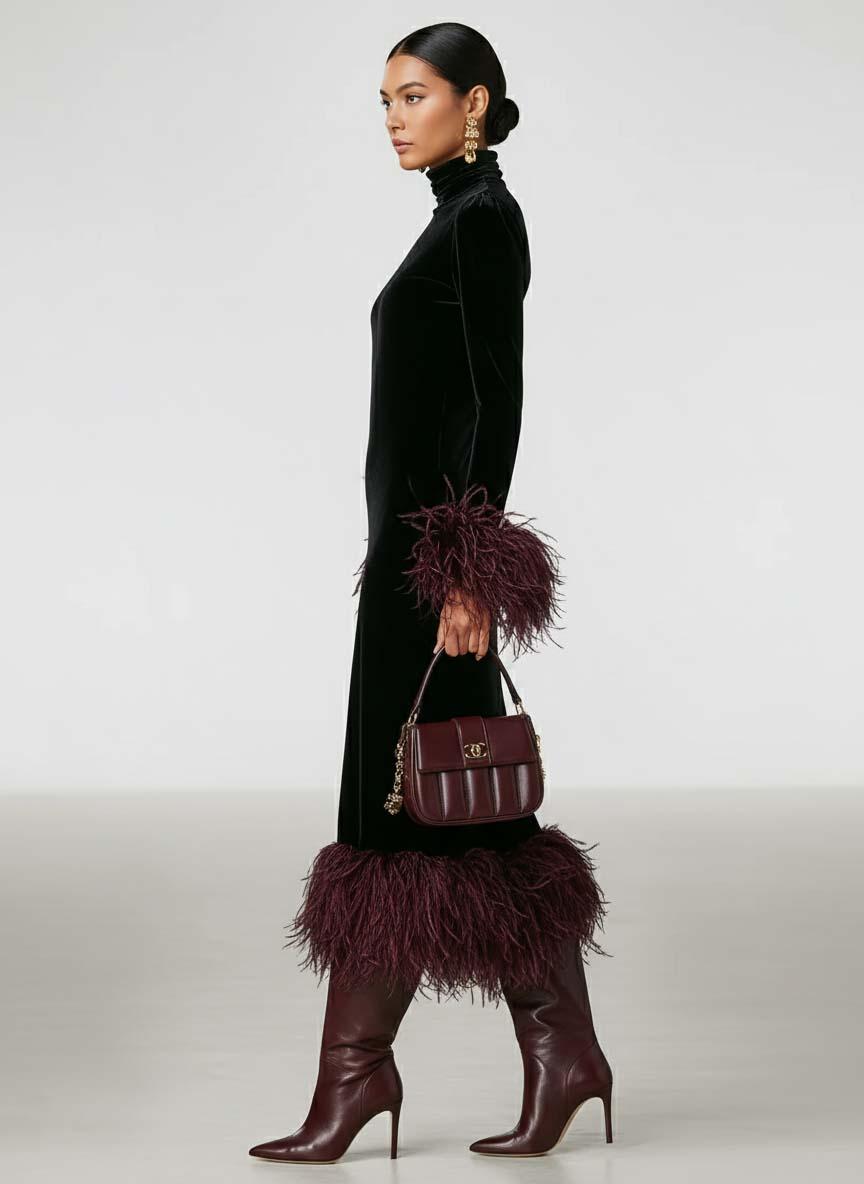 Minimalist Velvet Maxi Dress with Faux Ostrich Feather Cuffs and Hem