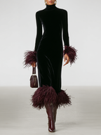 Minimalist Velvet Maxi Dress with Faux Ostrich Feather Cuffs and Hem
