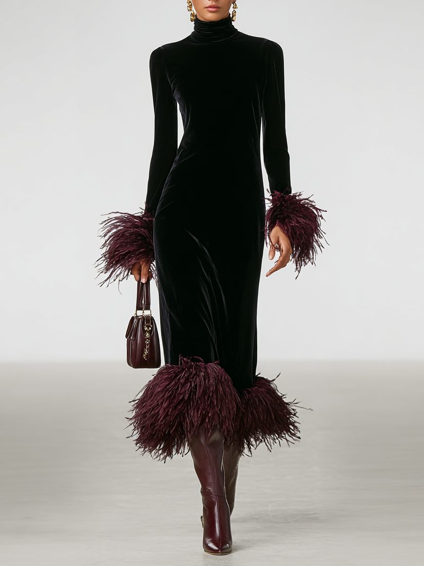 Minimalist Velvet Maxi Dress with Faux Ostrich Feather Cuffs and Hem