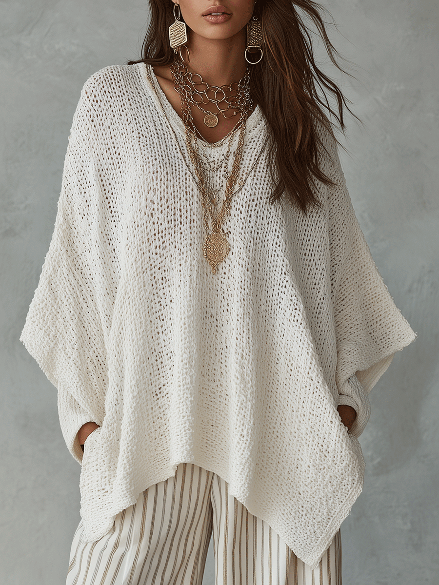 Neutral Bohemian Knit Pullover Top for Effortless Everyday Style