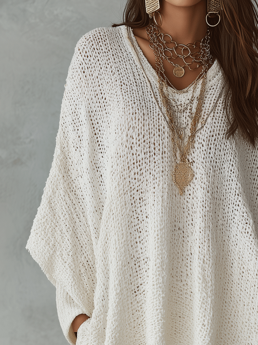 Neutral Bohemian Knit Pullover Top for Effortless Everyday Style