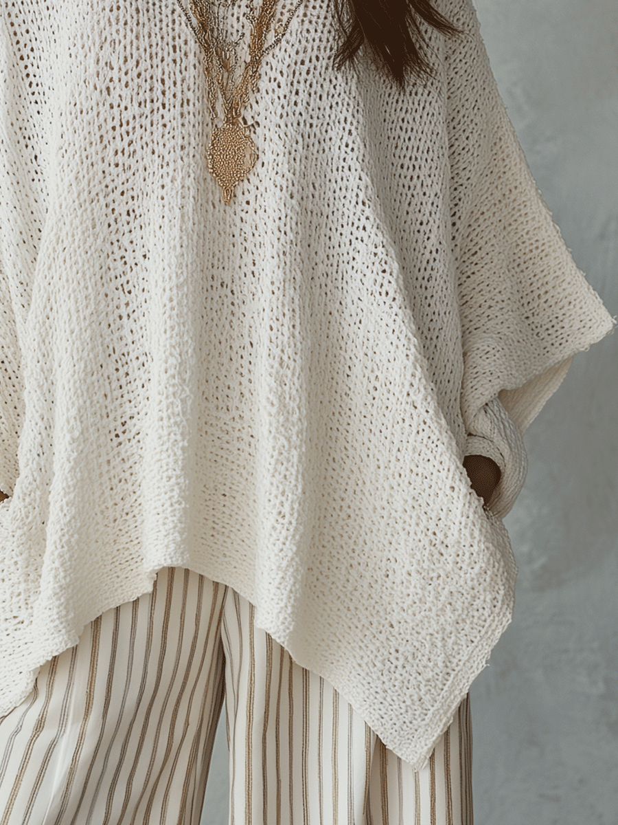 Neutral Bohemian Knit Pullover Top for Effortless Everyday Style