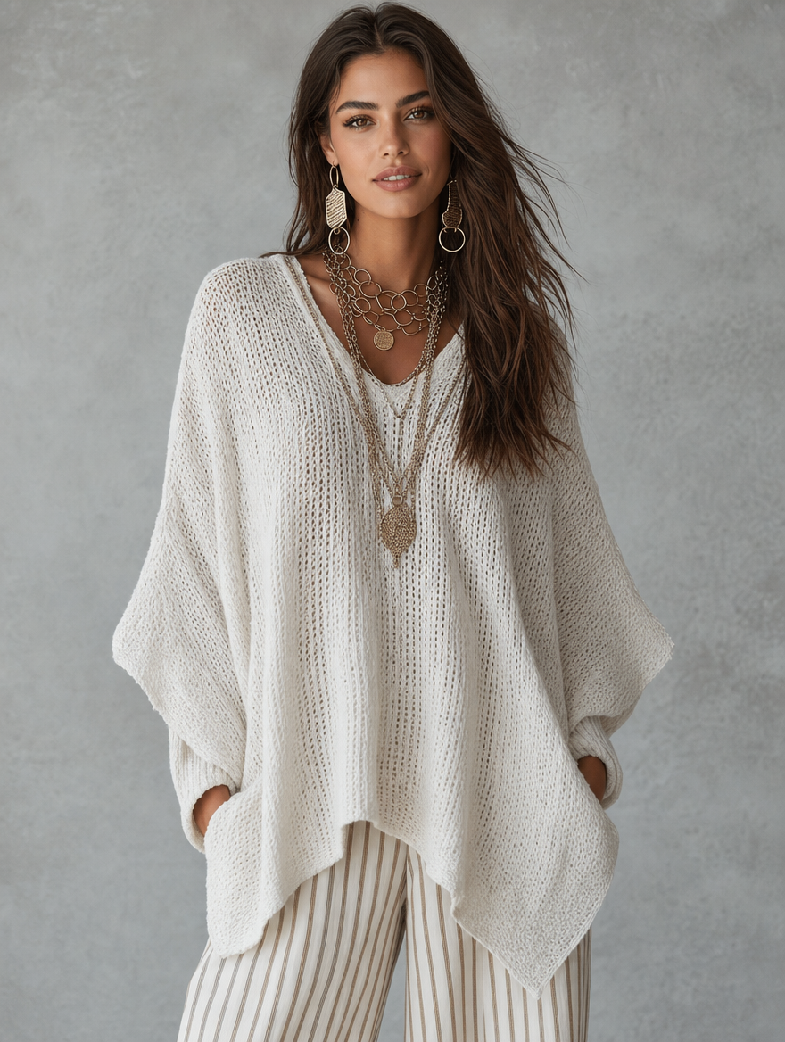 Neutral Bohemian Knit Pullover Top for Effortless Everyday Style