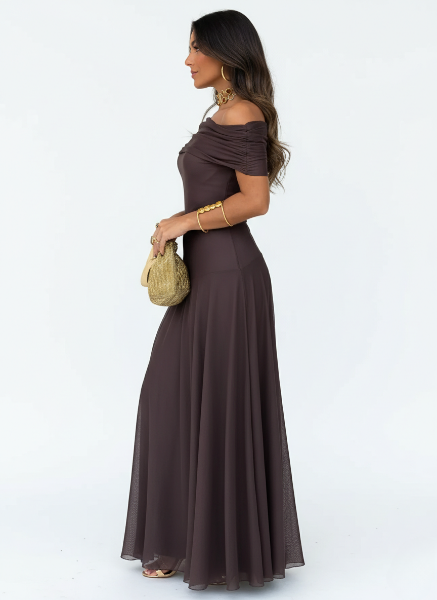Off Shoulder Chiffon Maxi Dress for Women - Elegant Evening Wear with Flowing Skirt