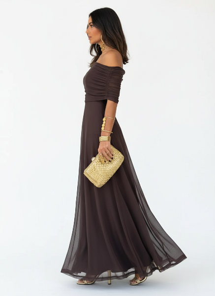 Off Shoulder Chiffon Maxi Dress for Women - Elegant Evening Wear with Flowing Skirt