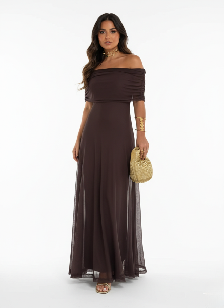 Off Shoulder Chiffon Maxi Dress for Women - Elegant Evening Wear with Flowing Skirt