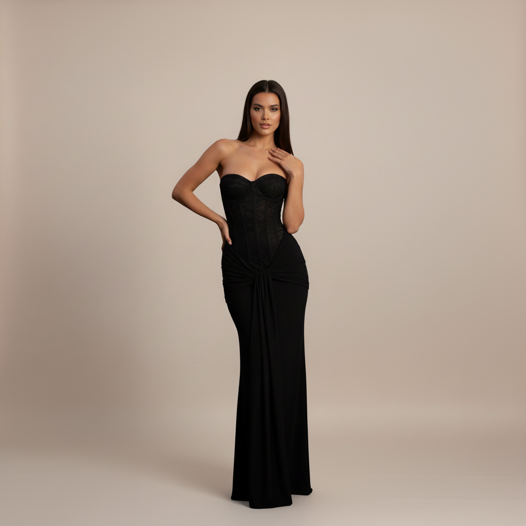 Off-Shoulder Strapless Evening Gown in Radiant Fabric for Formal Events and Special Occasions