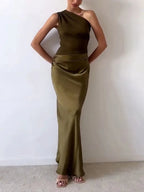 One Shoulder Pleated Maxi Dress - Elegant Party Wear for Women