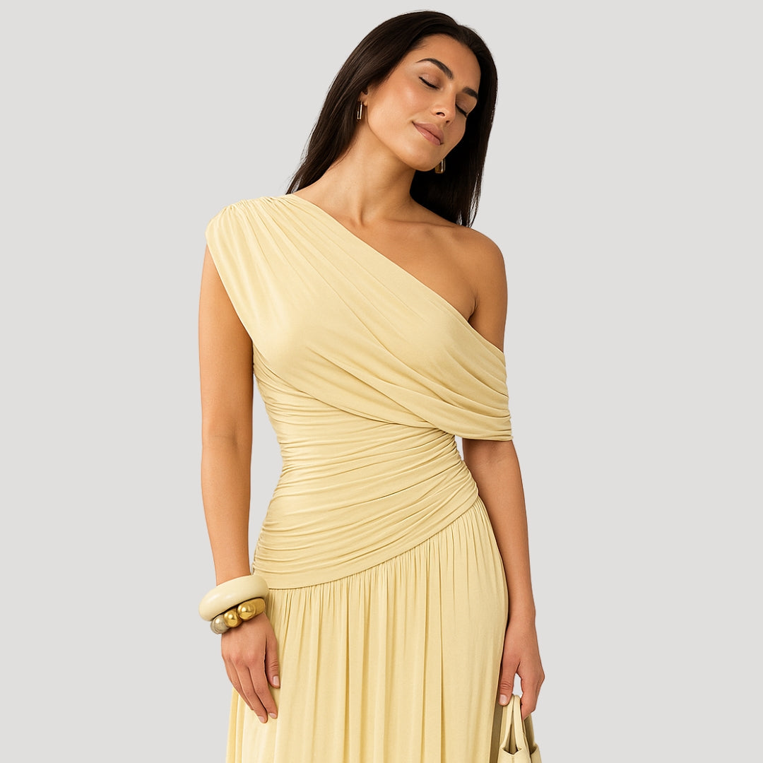 One-Shoulder Ruched Maxi Dress for Women | Elegant Summer Evening Wear in Lightweight Fabric