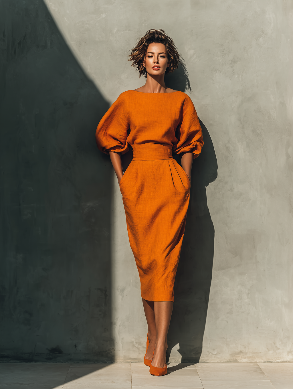 Orange Mid-Sleeve Top and Midi Skirt Set for Women - Casual Outfit MDA2511G6T