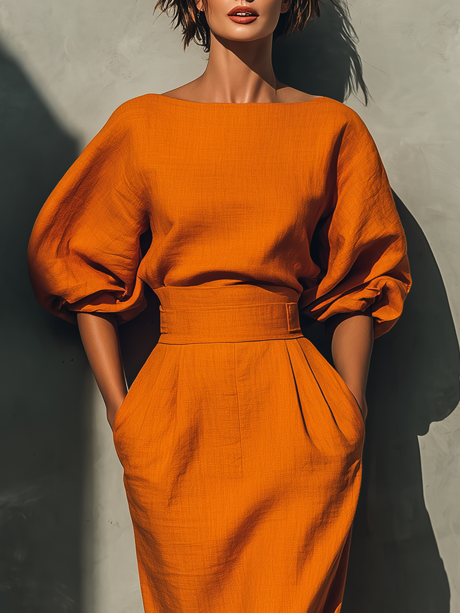 Orange Mid-Sleeve Top and Midi Skirt Set for Women - Casual Outfit MDA2511G6T