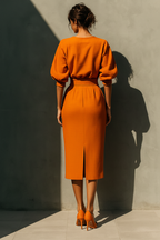 Orange Mid-Sleeve Top and Midi Skirt Set for Women - Casual Outfit MDA2511G6T