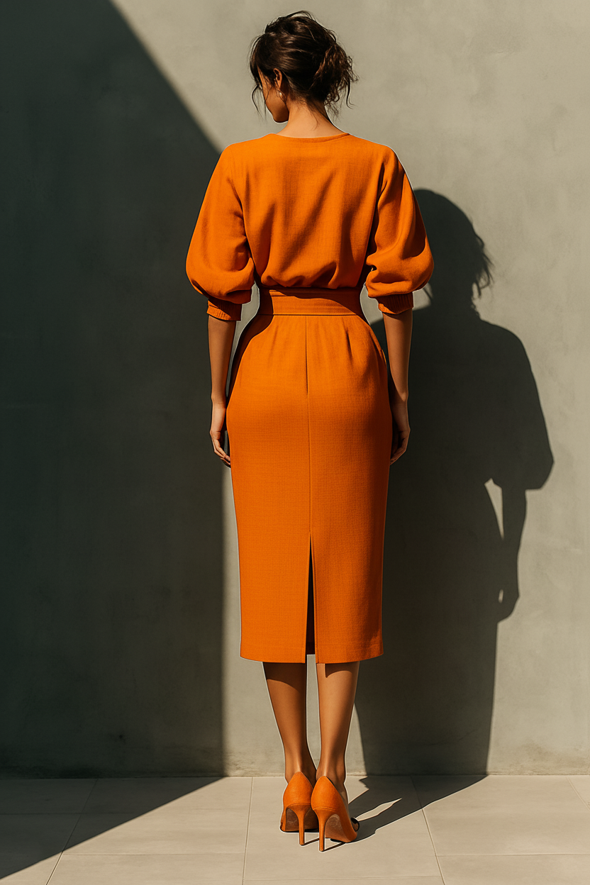 Orange Mid-Sleeve Top and Midi Skirt Set for Women - Casual Outfit MDA2511G6T