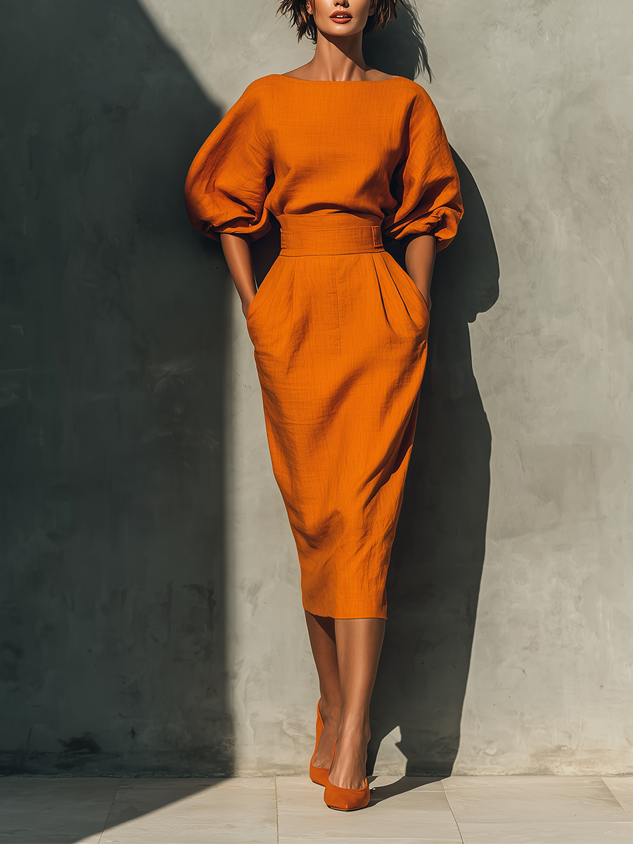 Orange Mid-Sleeve Top and Midi Skirt Set for Women - Casual Outfit MDA2511G6T