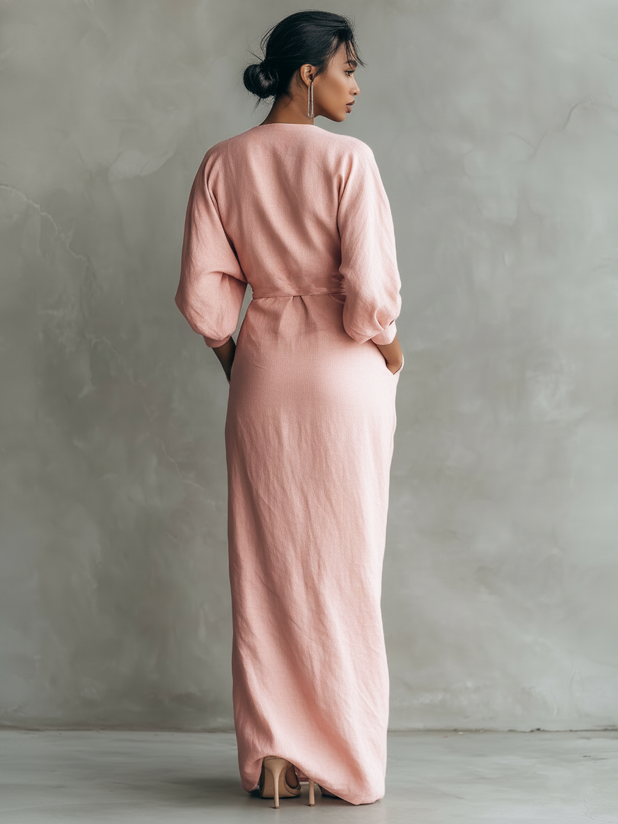 Pink Linen Blend Maxi Dress for Women - Minimalist V-neck Design