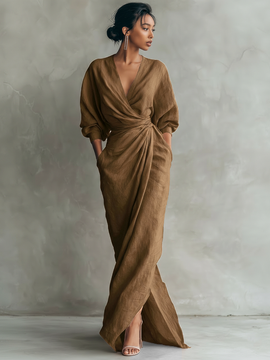 Pink Linen Blend Maxi Dress for Women - Minimalist V-neck Design