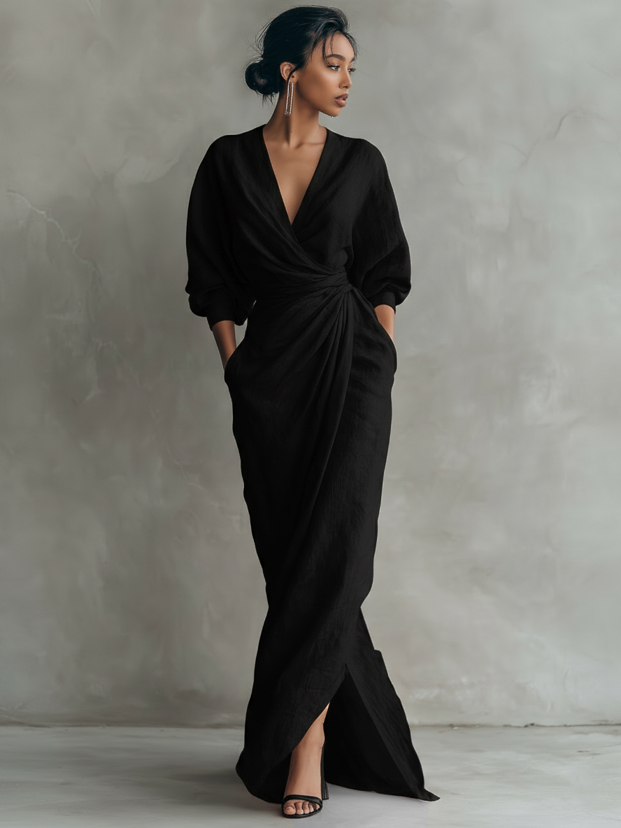 Pink Linen Blend Maxi Dress for Women - Minimalist V-neck Design