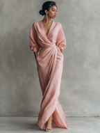Pink Linen Blend Maxi Dress for Women - Minimalist V-neck Design