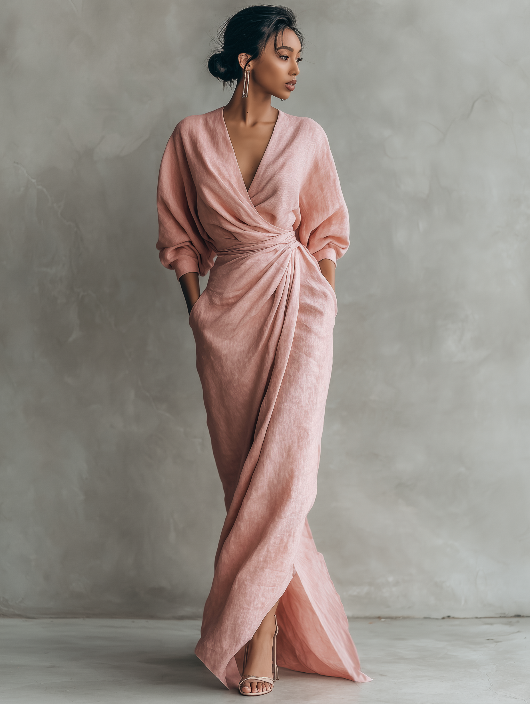 Pink Linen Blend Maxi Dress for Women - Minimalist V-neck Design