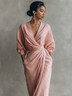 Pink Linen Blend Maxi Dress for Women - Minimalist V-neck Design
