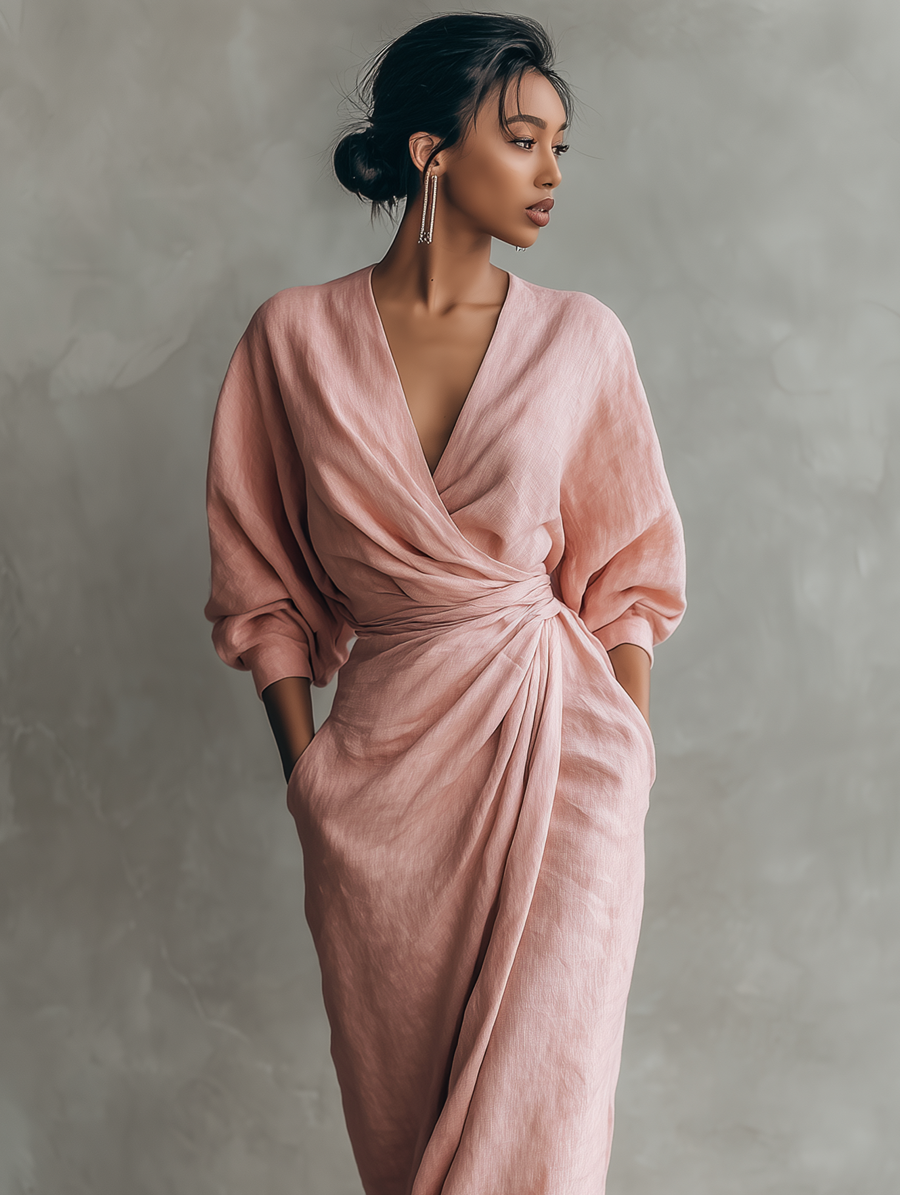 Pink Linen Blend Maxi Dress for Women - Minimalist V-neck Design