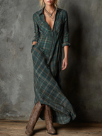 Plaid Maxi Dress with Lapel Collar - Women's Single-Breasted Shirt Style