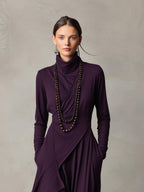 Purple Cotton Stretch Turtleneck Maxi Dress - Women's Bohemian Asymmetrical Style