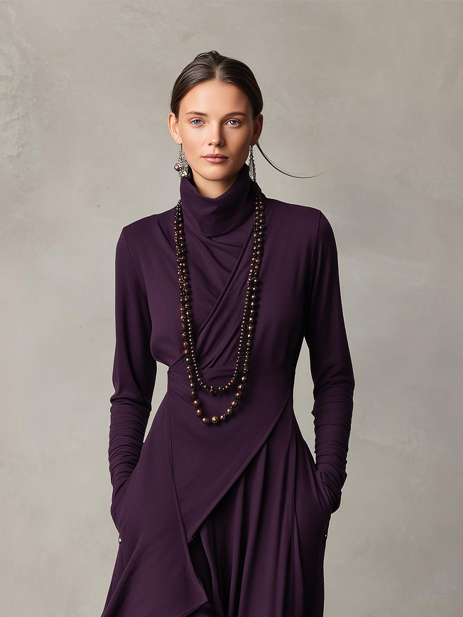 Purple Cotton Stretch Turtleneck Maxi Dress - Women's Bohemian Asymmetrical Style
