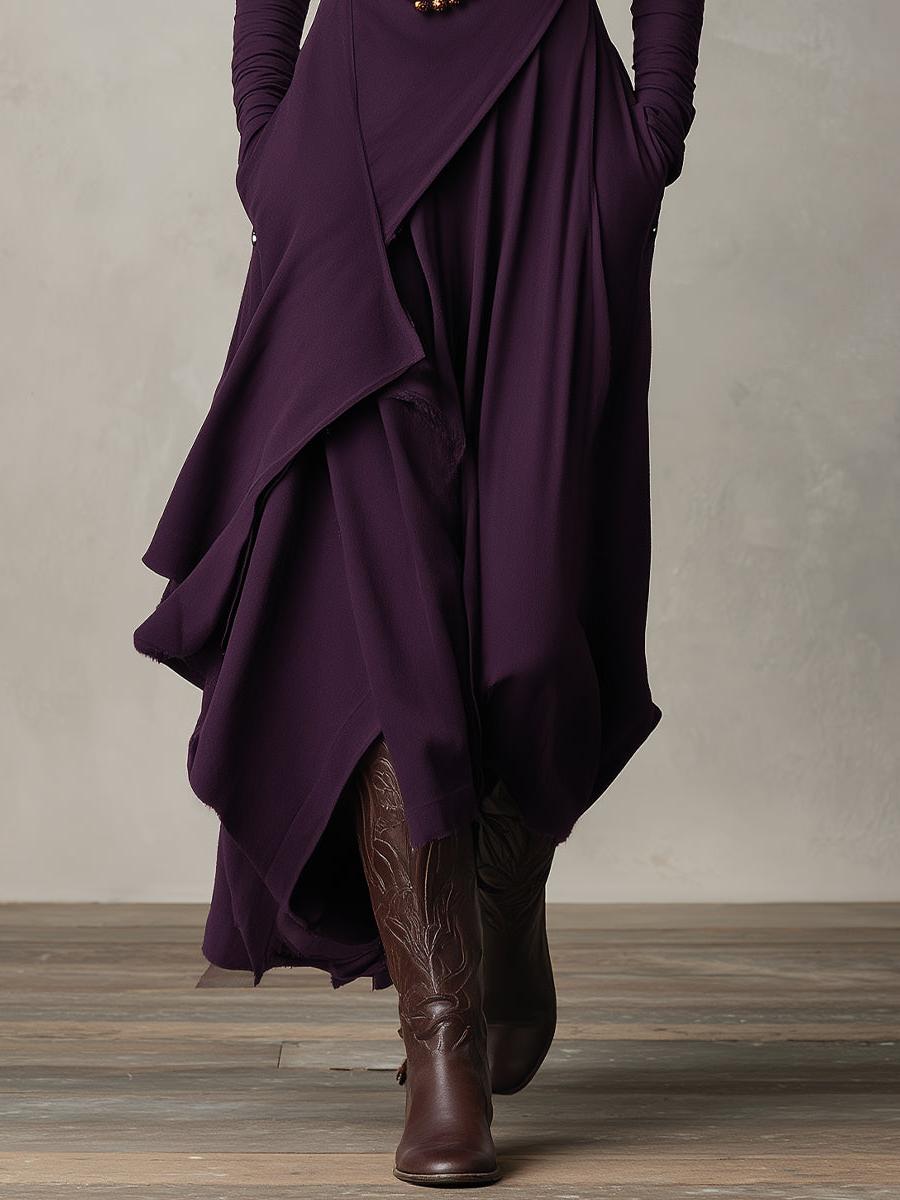 Purple Cotton Stretch Turtleneck Maxi Dress - Women's Bohemian Asymmetrical Style