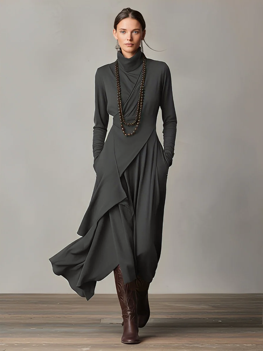 Purple Cotton Stretch Turtleneck Maxi Dress - Women's Bohemian Asymmetrical Style