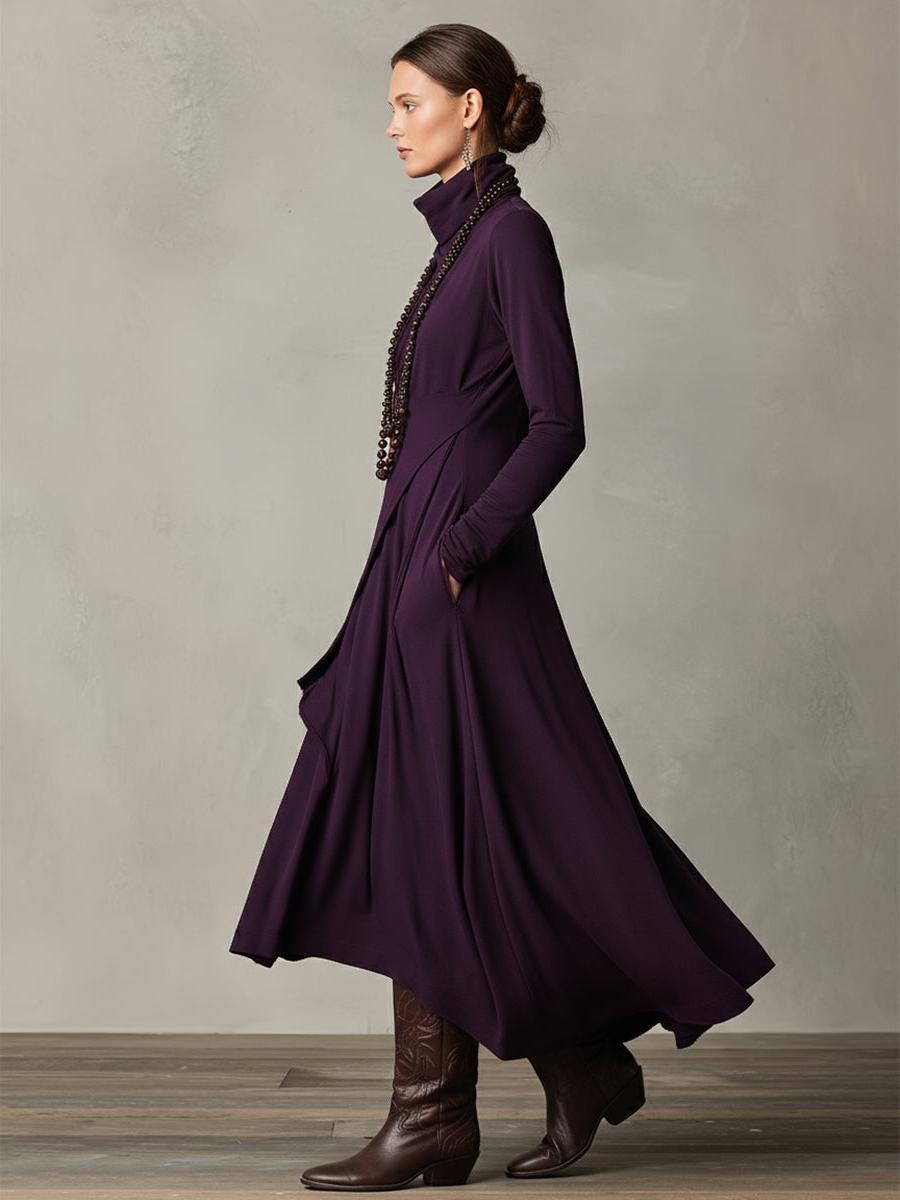Purple Cotton Stretch Turtleneck Maxi Dress - Women's Bohemian Asymmetrical Style
